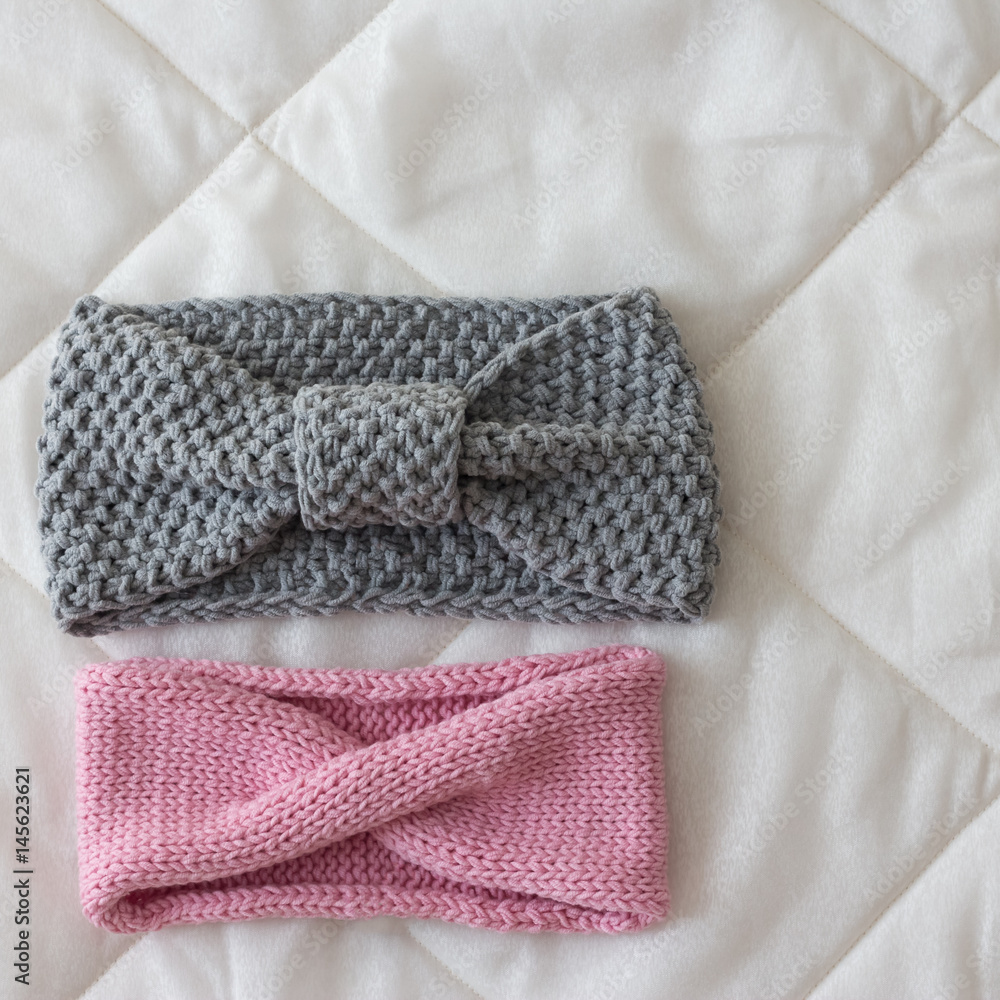 pink and gray bandage knit by hand on the spokes of natural soft wool pink and gray bandage knit by hand on the spokes of natural soft wool