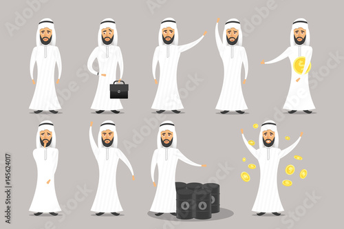 Vector collection of cartoon arab businessman character on the gray background.