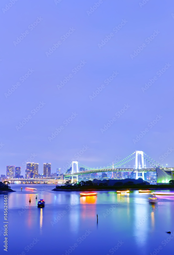 View of the Tokyo Bay and Rainbow Bridge at night in Tokyo