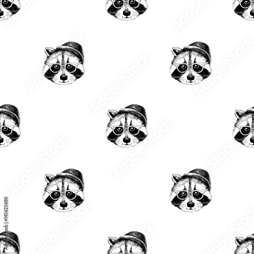 Seamless pattern with raccoons hipsters