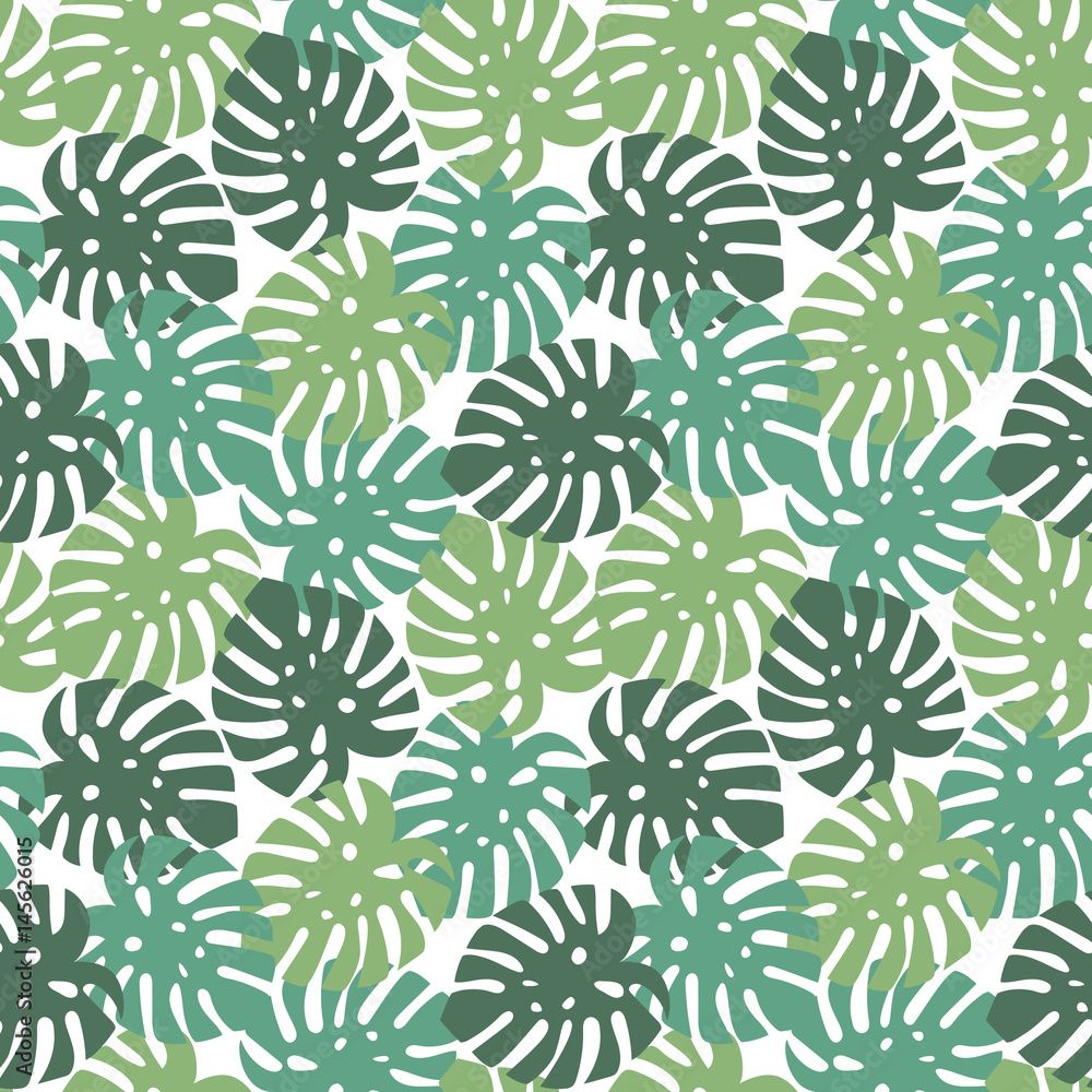 monstera turquoise, light green and dark green leaves tropical summer paradise pattern on a white background seamless vector