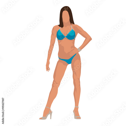 Young slim woman in blue swimsuit, isolated vector illustration