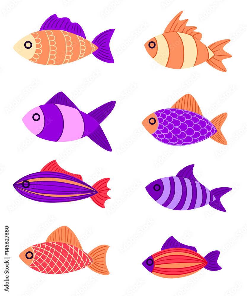 Graphic fish violet red pink with a pattern and to leaves Multi-colored small fishes in the sea the ocean Fishing. Hand drawn vector fish. Sketch Graphic fish violet red pink with a pattern and to leaves Multi-colored small fishes in the sea the ocean Fishing. Hand drawn vector fish. Sketch