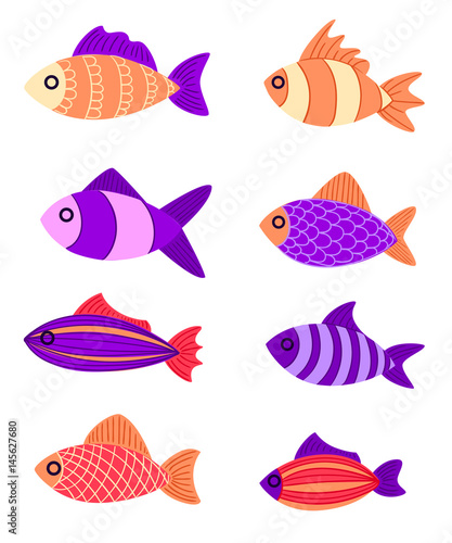 Graphic fish violet red pink with a pattern and to leaves Multi-colored small fishes in the sea the ocean Fishing. Hand drawn vector fish. Sketch