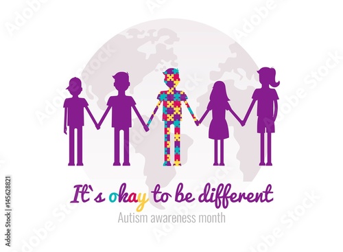 Autism awareness month colorful background with puzzles, kids and planet. Blue, yellow and violet puzzles pieces. Vector illustration