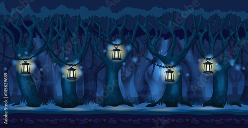 Panorama cartoon background of a forest. Seamless parallax for 2D arcade video game. Landscape in dark blue colors lit by lanterns at night. Vector illustration