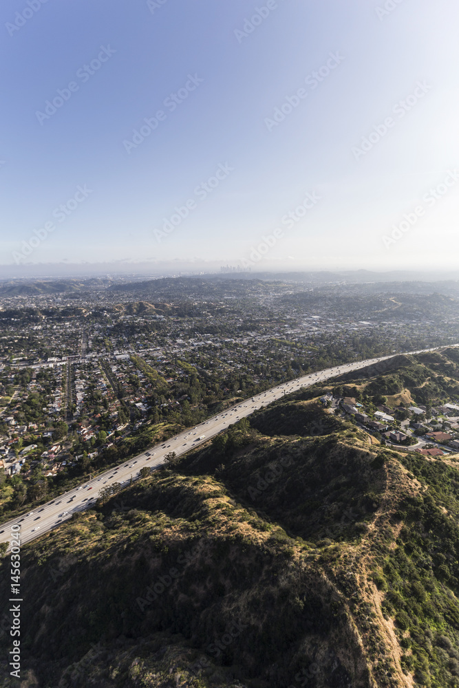 Aerial view of the Ventura 134 Freeway near Eagle Rock in Los Angeles California.  