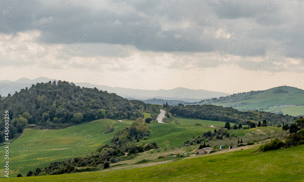 Panorama of Volterra's lands and hills in the spring