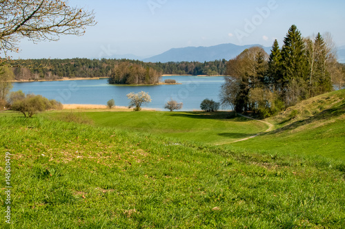 Blick auf die Osterseen von einem Hügel bei Sonnenschein photo