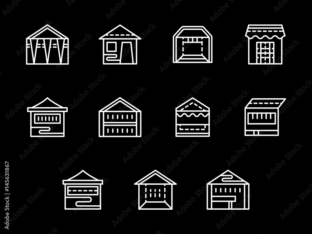 Fototapeta premium Street trade tents white line vector icons set
