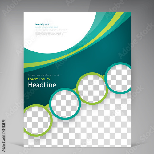 Vector abstract template design leaflet, flyer, poster, brochure, cover with turquoise and green multilayer stripes and round frames
