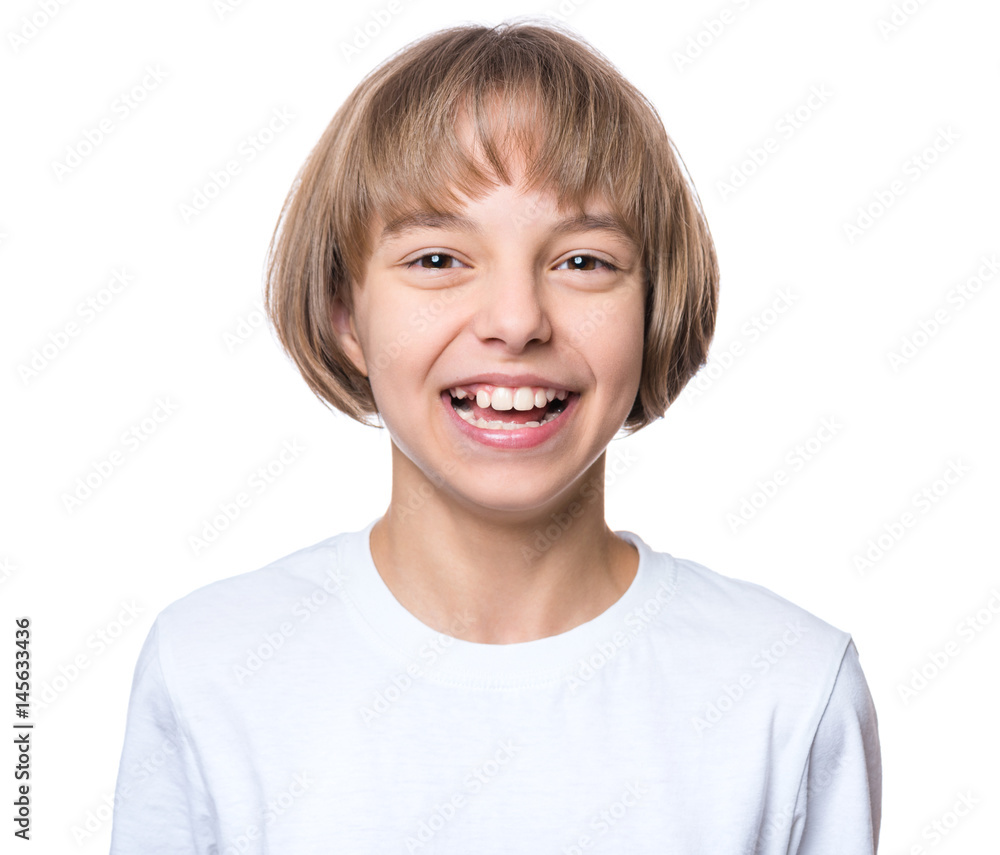 Close-up emotional portrait of attractive caucasian smiling child, isolated on a white background. Cheerful cute little girl in white blank t-shirt - fashion or advertisement design concept. Close-up emotional portrait of attractive caucasian smiling child, isolated on a white background. Cheerful cute little girl in white blank t-shirt - fashion or advertisement design concept.
