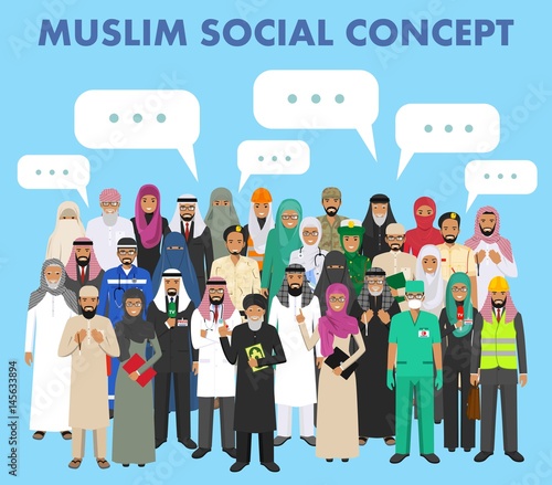 Social concept. Group muslim arabic people professions occupation standing together and speech bubble in different suit and traditional clothes on blue background in flat style. Arab man and woman.