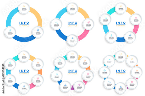 Business infographics. Diagrams with 3 - 8 steps, options, sections. Vector pie charts.