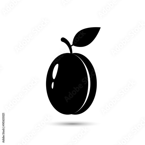 Plum fruit and leaf vector icon black silhouette on white background.