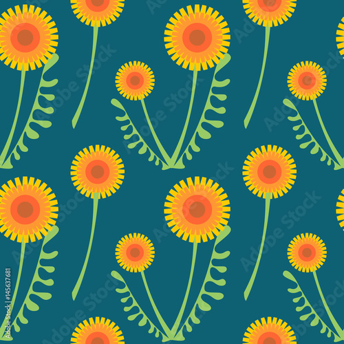 Seamless vector pattern with flowers. Floral background with dandelions. Graphic design, drawn illustration Print for wrapping, wallpaper, decoration, surface