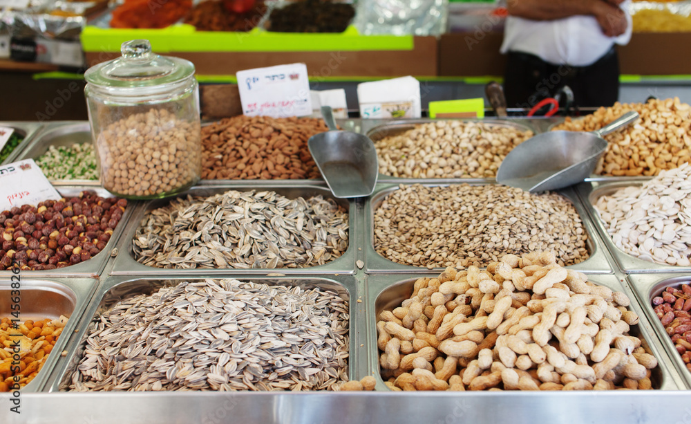 Spices, nuts and vegetables in open market Tel Aviv in Israel