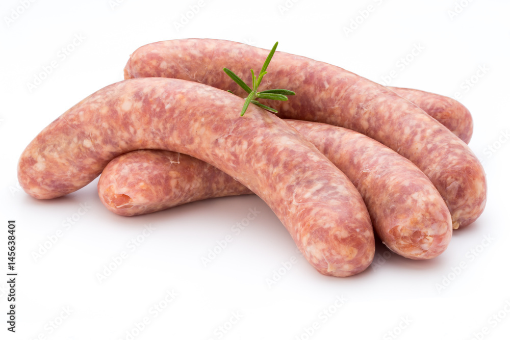 Raw sausage with parsley leaf isolated on white background. Raw sausage with parsley leaf isolated on white background.