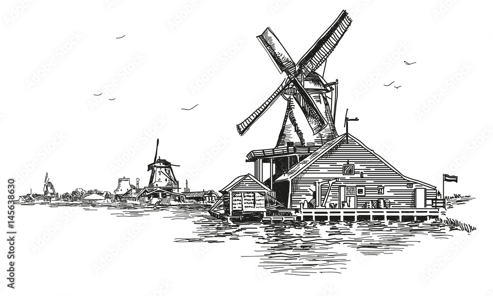 Vector llustration watermill in Amsterdam