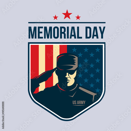 Illustration of Shield with Soldier saluting against USA Flag. Memorial Day.