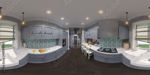 3d illustration of the kitchen interior design in Scandinavian classical style. Visualization performed  360 degree spherical seamless panorama for virtual reality.