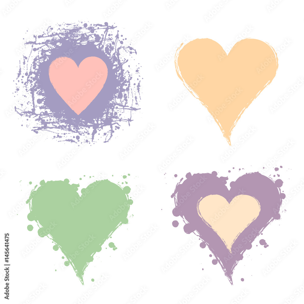 Set of vector graphic grunge illustrations of heart, sign with ink blot, brush strokes, drops isolated on the white background. Series of artistic illustration with splash, blots and brush strokes.