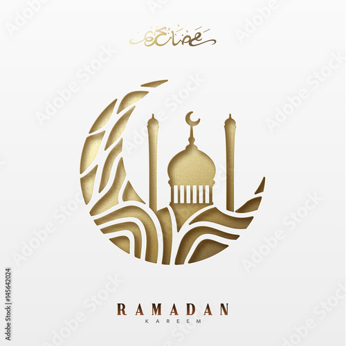 Ramadan greeting card with arabic calligraphy Ramadan Kareem. Islamic background half a month with mosques.