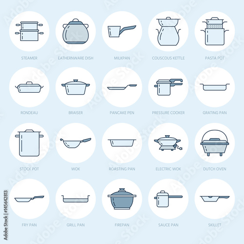 Pot, pan and steamer flat line icons. Restaurant professional equipment signs. Kitchen utensil - wok, saucepan, eathernware dish. Thin linear blue colored signs for commercial cooking store.