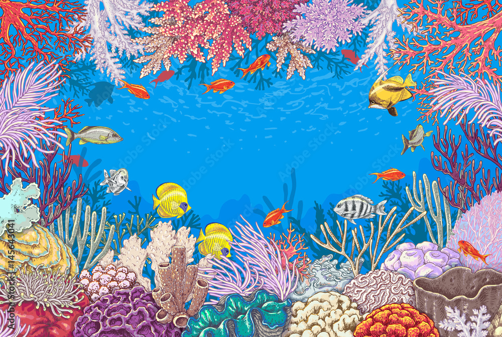 Naklejka premium Underwater Background with Corals and Fishes