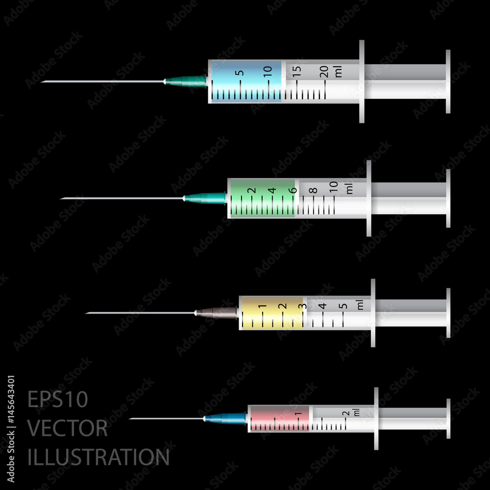 Medical syringe. Set of disposable plastic syringes of different sizes
