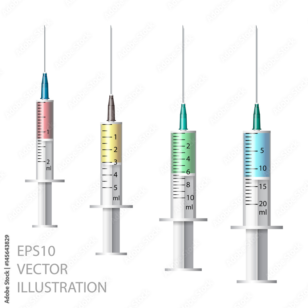 Vetor de Medical syringe. Set of disposable plastic syringes of