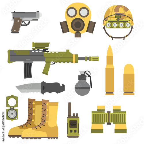 Military weapon guns armor forces american fighter ammunition camouflage sign vector illustration.
