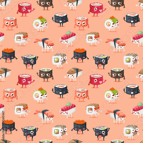 Sushi character vector food seamless pattern