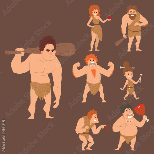 Caveman primitive stone age cartoon neanderthal people character evolution vector illustration.