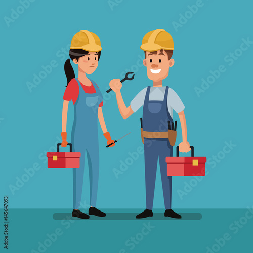 couple worker construction tools clothes labor day vector illustration © Jemastock