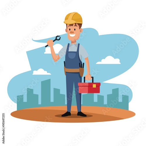 character man worker employee construction overalls and equipment vector illustration
