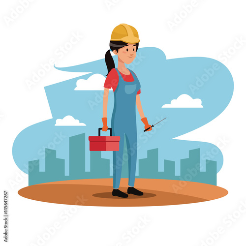 character woman employee worker construction toolkit urban background vector illustration