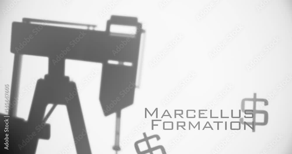 Glowy illuminated Black and white pumpjack fracking machine churns out dollar signs with Marcellus Formation typography Glowy illuminated Black and white pumpjack fracking machine churns out dollar signs with Marcellus Formation typography
