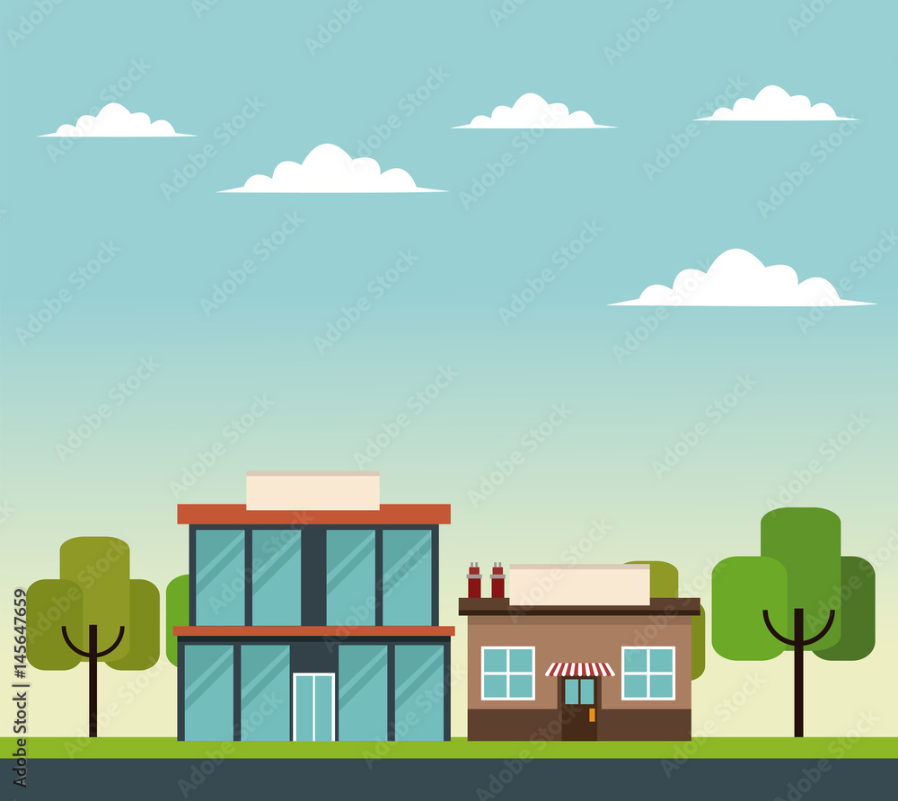glass building commercial store road trees design vector illustration