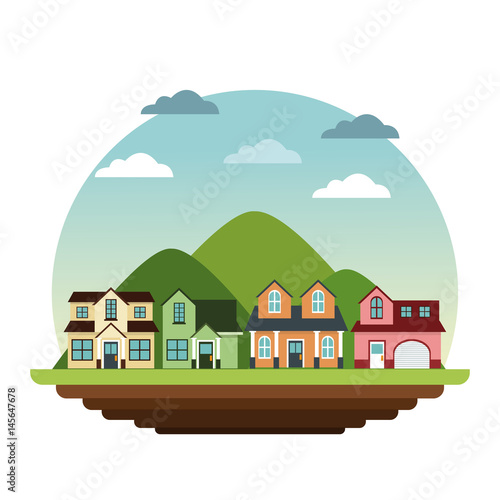 suburban houses neighborhood mountain landscape design vector illustration