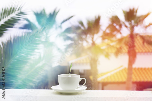 cup of tea on the summer porch on a background of palm trees Sun Through Palm leafs .good morning concept. Colored sunset and light.relax and detox tea.happy Toned Design View