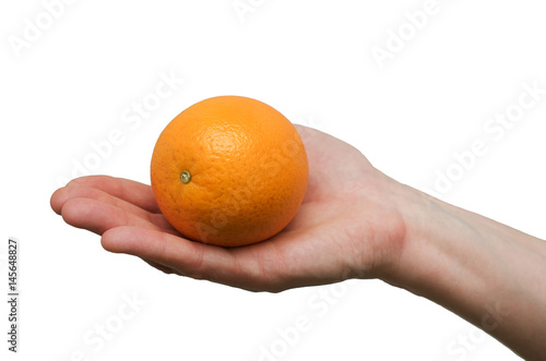 Female hand holding an orange isolated on a white background