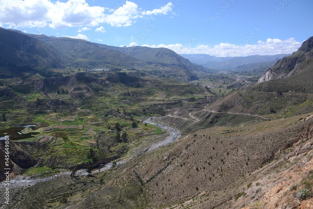 Scenic view of sprawling terraces of the colca canyon farm land from high on the mountains. 