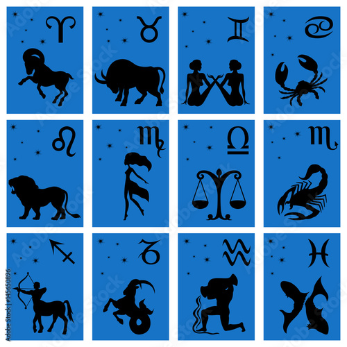 Twelve black silhouettes of Zodiac signs over blue