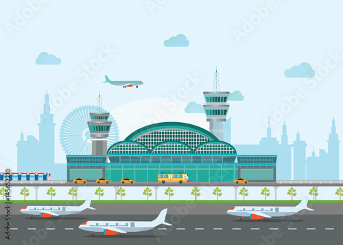 Building airport with runway and  plane.