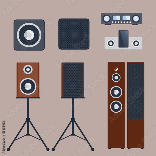 Home sound system stereo flat vector music loudspeakers player subwoofer equipment technology.