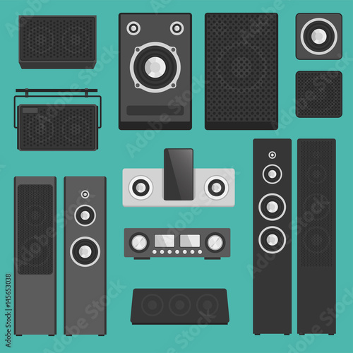 Home sound system stereo flat vector music loudspeakers player subwoofer equipment technology.
