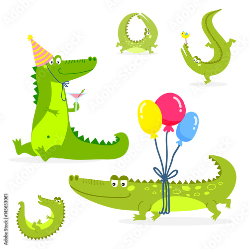 Cartoon green crocodile funny predator australian wildlife river reptile alligator flat vector illustration.