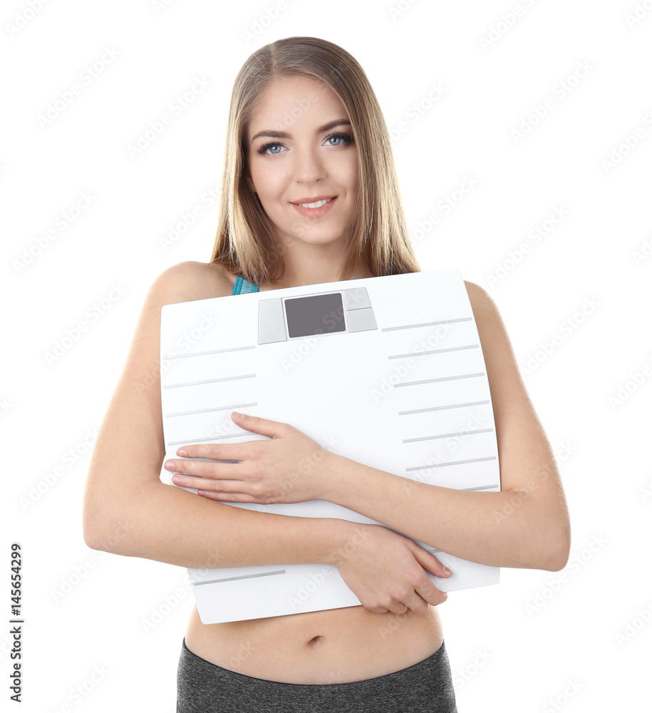 Diet concept. Young beautiful woman holding scale on white background Diet concept. Young beautiful woman holding scale on white background