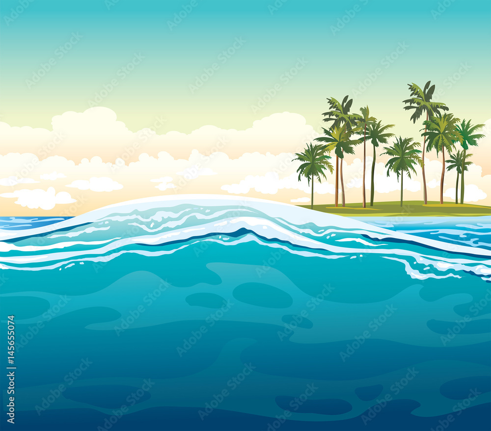 Waves on a sea and coconut island.
